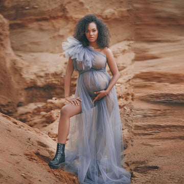 Mqtime Fashion See Through Tulle Maternity Dress Robes One Shoulder Long Sheer Photo Shoot Women Dresses Bride Gowns Custom Made